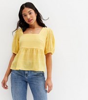 New Look Petite Pale Yellow Square Neck Shirred Peplum Blouse